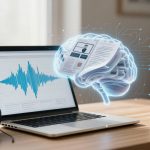 A laptop displays a blue waveform graph. Nearby are black headphones and a steaming coffee cup. A digital brain with documents hovers above the laptop.