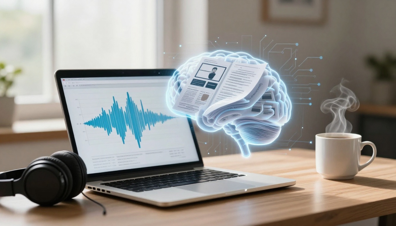 A laptop displays a blue waveform graph. Nearby are black headphones and a steaming coffee cup. A digital brain with documents hovers above the laptop.