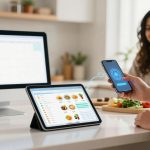 A person holds a smartphone displaying a blue digital interface, interacting with a tablet showing a meal planning app. A computer monitor with a calendar is on the left. Another person smiles in the background. Vegetables are on the counter.