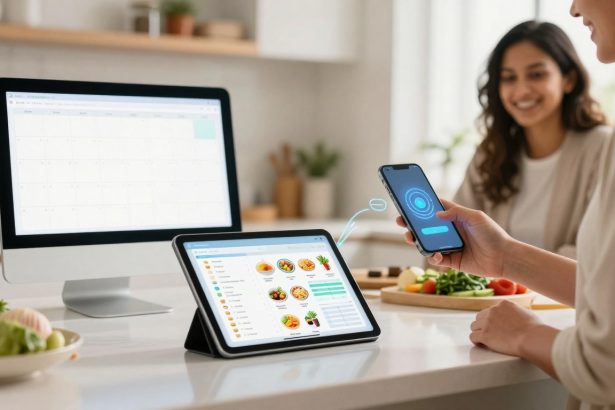 A person holds a smartphone displaying a blue digital interface, interacting with a tablet showing a meal planning app. A computer monitor with a calendar is on the left. Another person smiles in the background. Vegetables are on the counter.