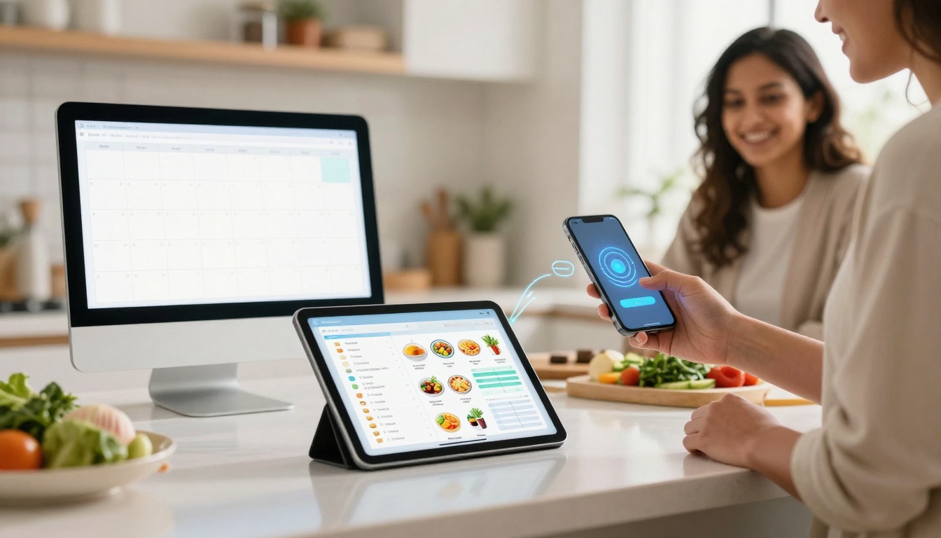 A person holds a smartphone displaying a blue digital interface, interacting with a tablet showing a meal planning app. A computer monitor with a calendar is on the left. Another person smiles in the background. Vegetables are on the counter.