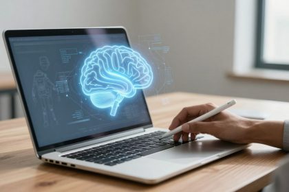 A person uses a stylus on a laptop displaying a glowing holographic brain. The setting is a light-filled room with a wooden table.