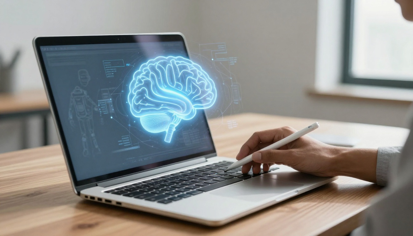 A person uses a stylus on a laptop displaying a glowing holographic brain. The setting is a light-filled room with a wooden table.