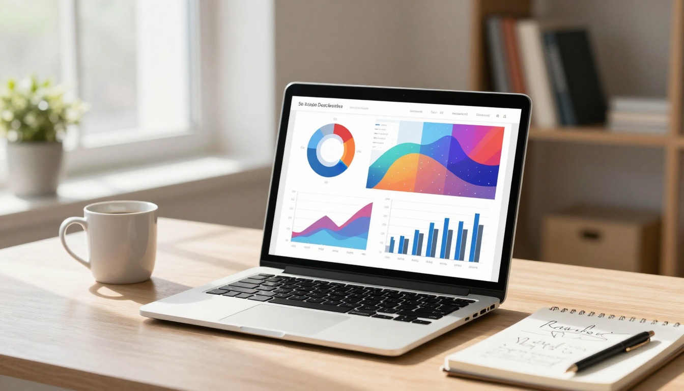 A laptop on a wooden desk displaying colorful charts, including a pie chart, line graph, and bar graph. A white mug and a notebook with a pen are nearby. A plant and books are in the background.