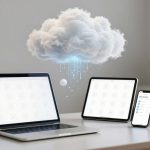 A laptop, tablet, and smartphone displaying cloud storage icons on a desk. A digital cloud hovers above, with blue data streams. A coffee cup and plant are also on the desk.