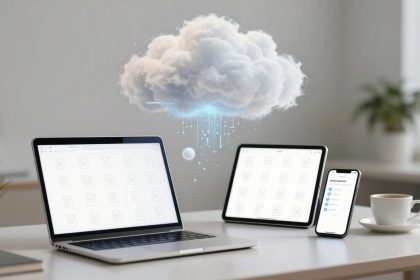 A laptop, tablet, and smartphone displaying cloud storage icons on a desk. A digital cloud hovers above, with blue data streams. A coffee cup and plant are also on the desk.