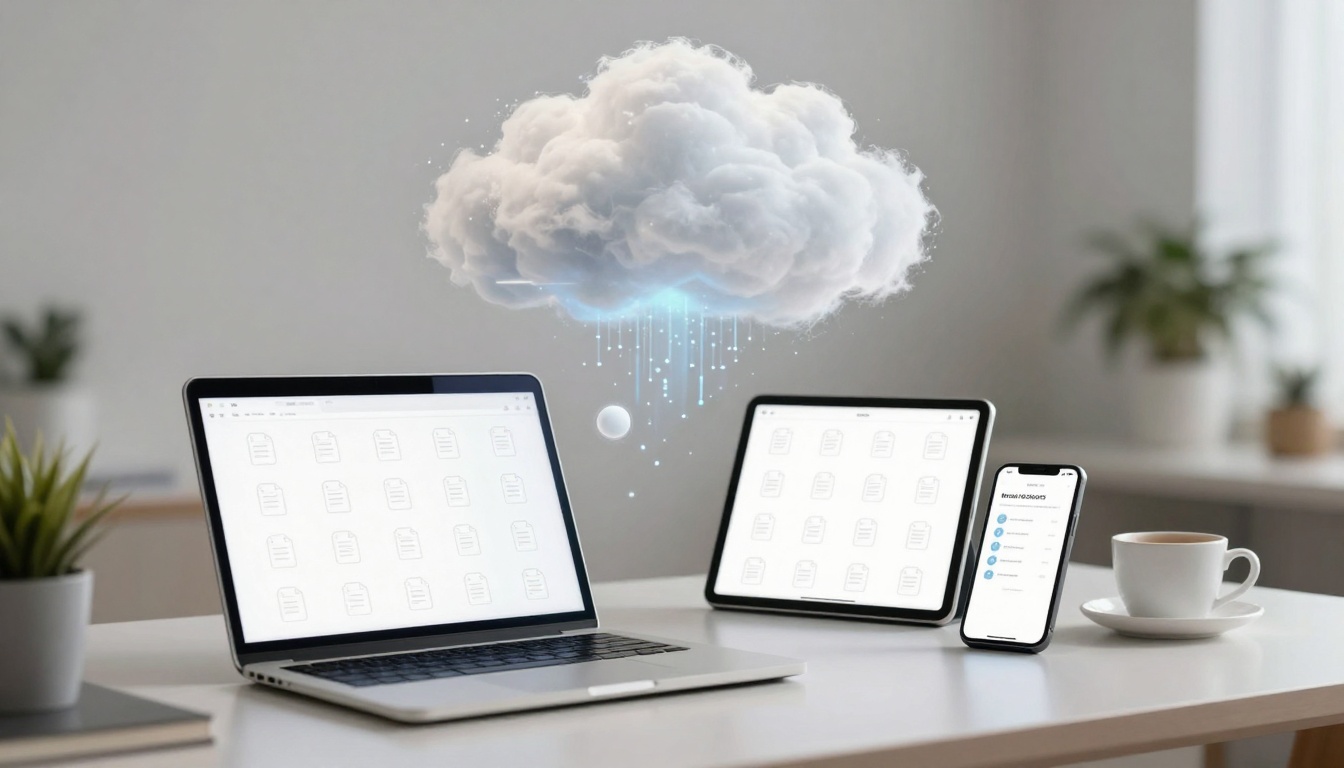 A laptop, tablet, and smartphone displaying cloud storage icons on a desk. A digital cloud hovers above, with blue data streams. A coffee cup and plant are also on the desk.