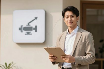 A man in a beige suit holds a clipboard, standing outside a building. A sign with a camera and arrow symbol is on the wall behind him.