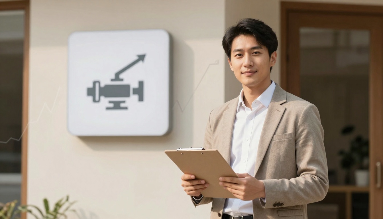 A man in a beige suit holds a clipboard, standing outside a building. A sign with a camera and arrow symbol is on the wall behind him.
