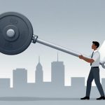 A man in business attire pushes a large, stylized key forming an upward arrow against a city skyline, symbolizing progress.
