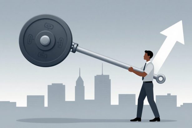 A man in business attire pushes a large, stylized key forming an upward arrow against a city skyline, symbolizing progress.