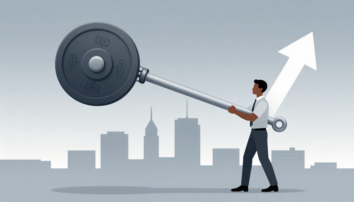 A man in business attire pushes a large, stylized key forming an upward arrow against a city skyline, symbolizing progress.