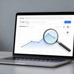 A laptop on a desk displays a performance graph with a blue line chart. A large magnifying glass hovers over the screen, highlighting part of the chart. A blurred plant is in the background.