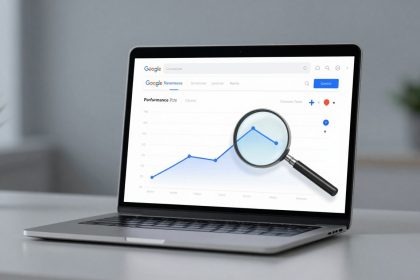 A laptop on a desk displays a performance graph with a blue line chart. A large magnifying glass hovers over the screen, highlighting part of the chart. A blurred plant is in the background.