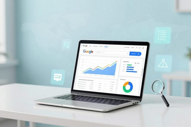 A laptop on a white desk displays a Google search page with graphs and charts. A magnifying glass floats nearby. The background is a light blue wall with icons of a chat bubble, document, and protractor.