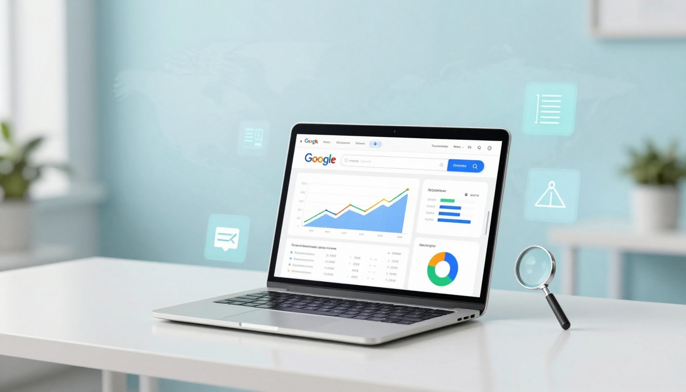 A laptop on a white desk displays a Google search page with graphs and charts. A magnifying glass floats nearby. The background is a light blue wall with icons of a chat bubble, document, and protractor.