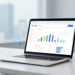 A laptop displaying colorful bar graphs on a Google dashboard screen sits on a white desk. A plant and smartphone are nearby, with office buildings blurred in the background.