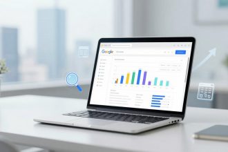 A laptop displaying colorful bar graphs on a Google dashboard screen sits on a white desk. A plant and smartphone are nearby, with office buildings blurred in the background.