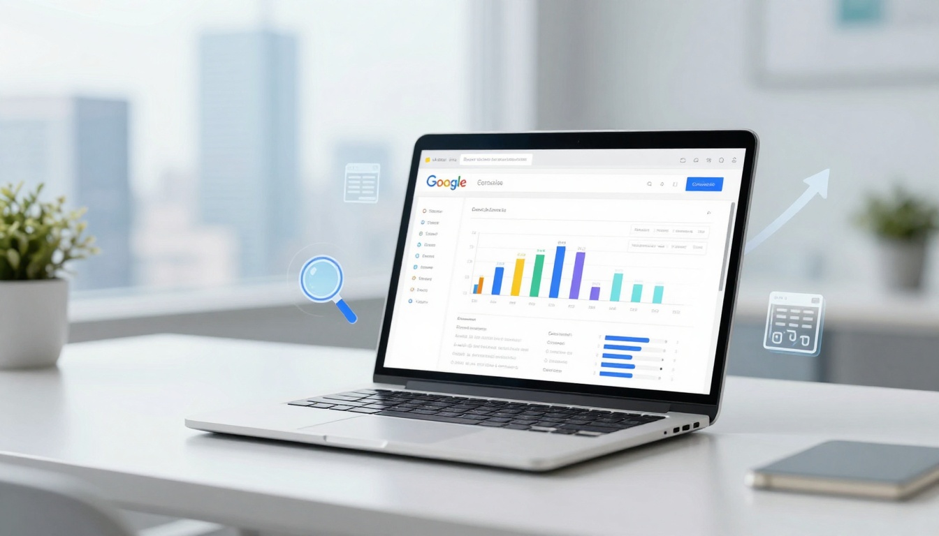 A laptop displaying colorful bar graphs on a Google dashboard screen sits on a white desk. A plant and smartphone are nearby, with office buildings blurred in the background.