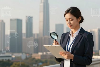 A woman in a navy suit examines a clipboard with a magnifying glass on a rooftop. Skyscrapers are in the background, with overlayed icons.