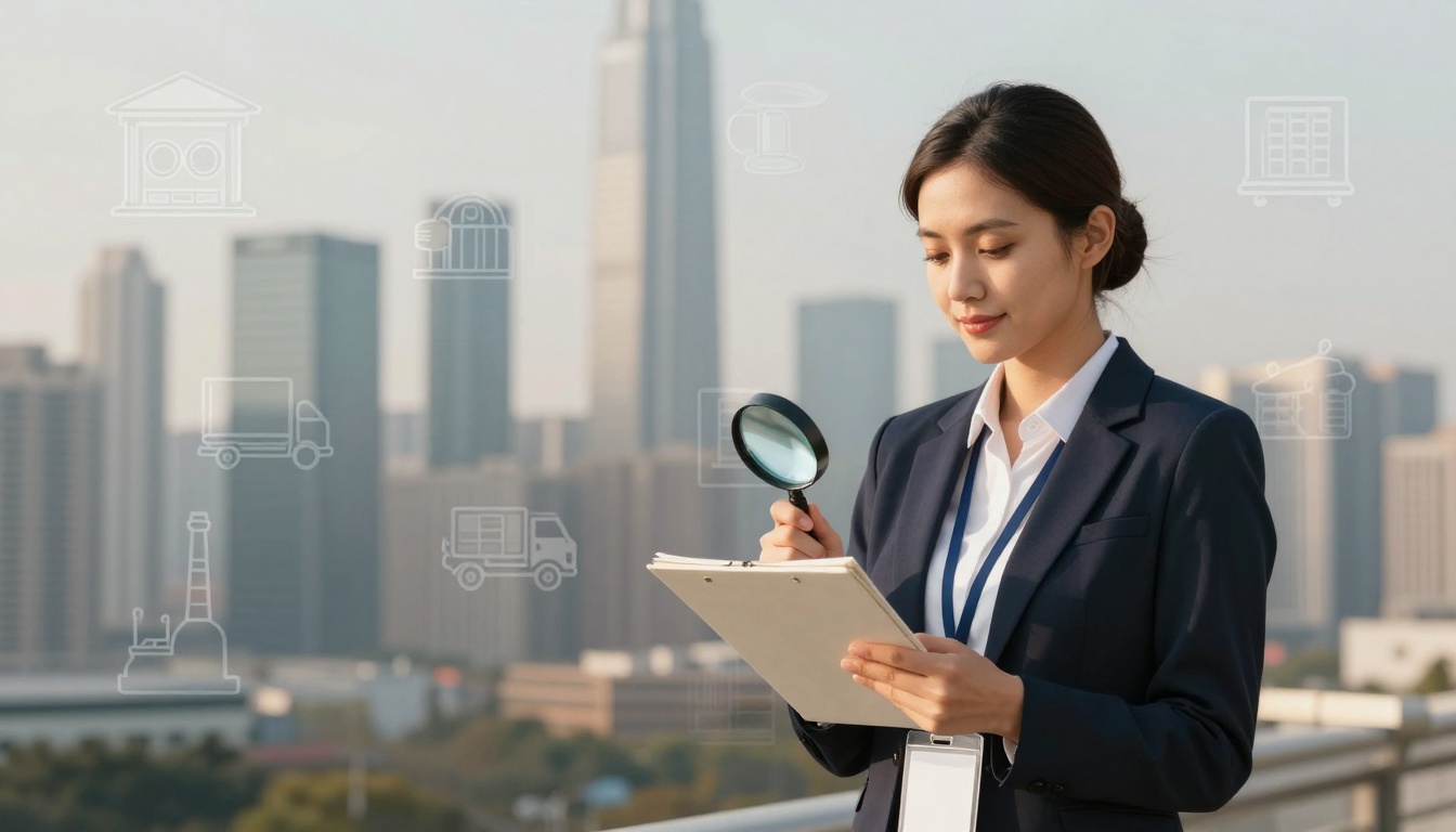 A woman in a navy suit examines a clipboard with a magnifying glass on a rooftop. Skyscrapers are in the background, with overlayed icons.