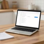 A laptop with a website open on a wooden table, next to a spiral notebook with handwritten notes and a stainless steel kettle. The background shows a kitchen counter with a plant and cutting boards.