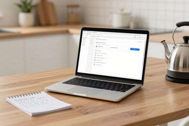 A laptop with a website open on a wooden table, next to a spiral notebook with handwritten notes and a stainless steel kettle. The background shows a kitchen counter with a plant and cutting boards.