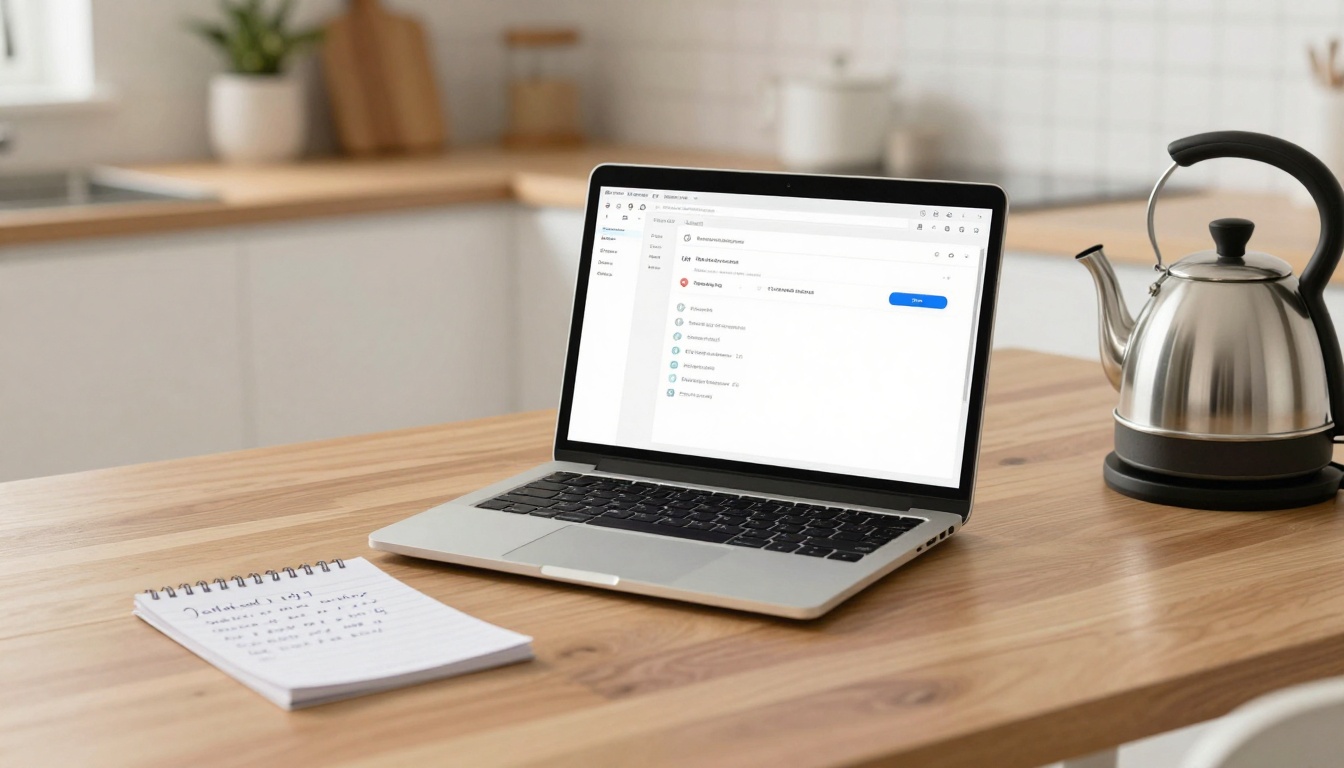 A laptop with a website open on a wooden table, next to a spiral notebook with handwritten notes and a stainless steel kettle. The background shows a kitchen counter with a plant and cutting boards.