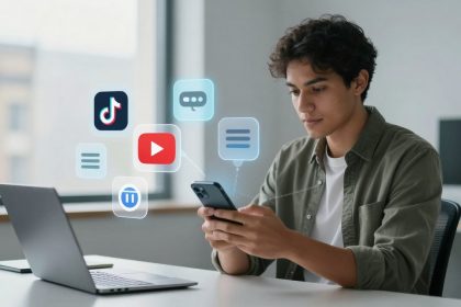 A person in a green shirt uses a smartphone at a desk with a laptop. Social media icons, including TikTok and YouTube, float above.