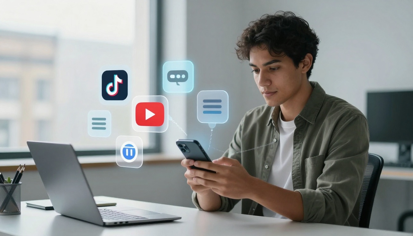 A person in a green shirt uses a smartphone at a desk with a laptop. Social media icons, including TikTok and YouTube, float above.