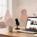 A laptop displaying a video conference is on a wooden table with a microphone and white mug. In the blurred background, three people are having a discussion near large windows.