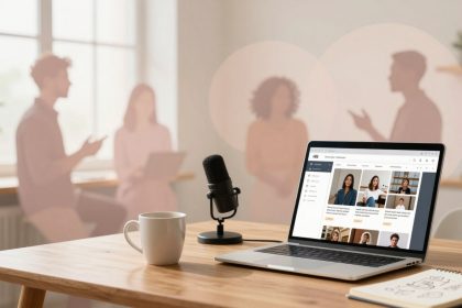 A laptop displaying a video conference is on a wooden table with a microphone and white mug. In the blurred background, three people are having a discussion near large windows.