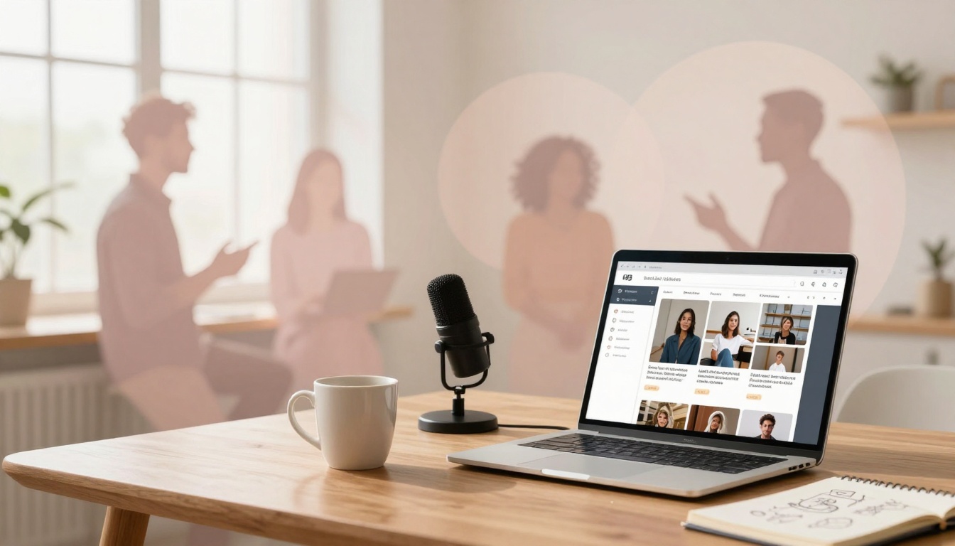 A laptop displaying a video conference is on a wooden table with a microphone and white mug. In the blurred background, three people are having a discussion near large windows.