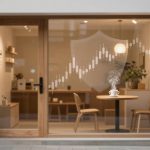 Cafe interior with wooden furniture viewed through a large window. A steaming cup on a round table and a digital stock chart overlay are visible.