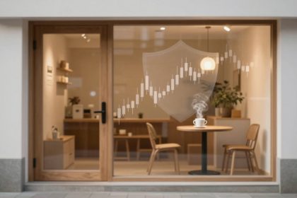 Cafe interior with wooden furniture viewed through a large window. A steaming cup on a round table and a digital stock chart overlay are visible.