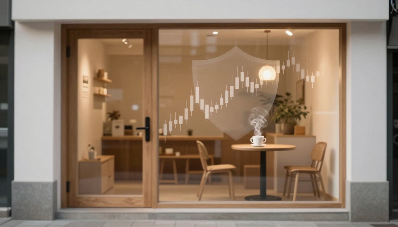 Cafe interior with wooden furniture viewed through a large window. A steaming cup on a round table and a digital stock chart overlay are visible.