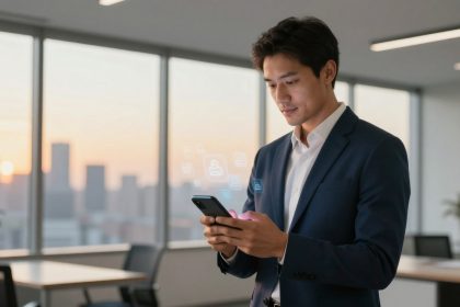 A man in a suit uses a smartphone in a modern office with large windows overlooking a city skyline at sunset. Digital icons hover near the phone.