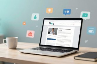 A laptop displaying a blog page with a person's image and text sits on a wooden table. A white coffee mug is to the left, and a closed notebook is to the right. Colorful speech bubbles with icons float around the laptop screen.