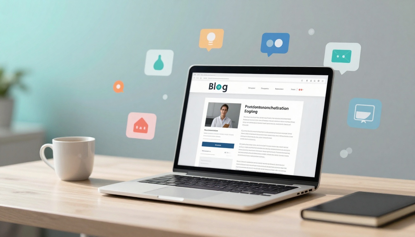 A laptop displaying a blog page with a person's image and text sits on a wooden table. A white coffee mug is to the left, and a closed notebook is to the right. Colorful speech bubbles with icons float around the laptop screen.