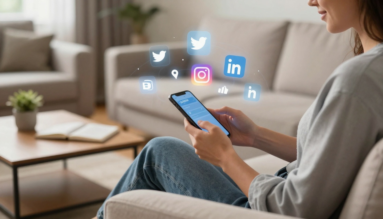 A person sits on a beige couch holding a smartphone with social media icons like Twitter, Instagram, and LinkedIn floating above.