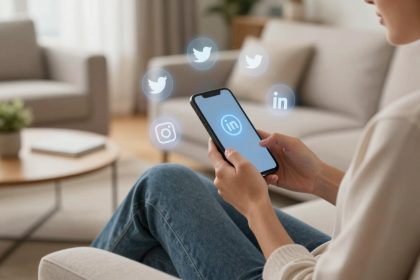 A person holds a smartphone displaying the LinkedIn logo, surrounded by floating social media icons for Twitter and Instagram. The setting is a cozy living room with a sofa and a plant.