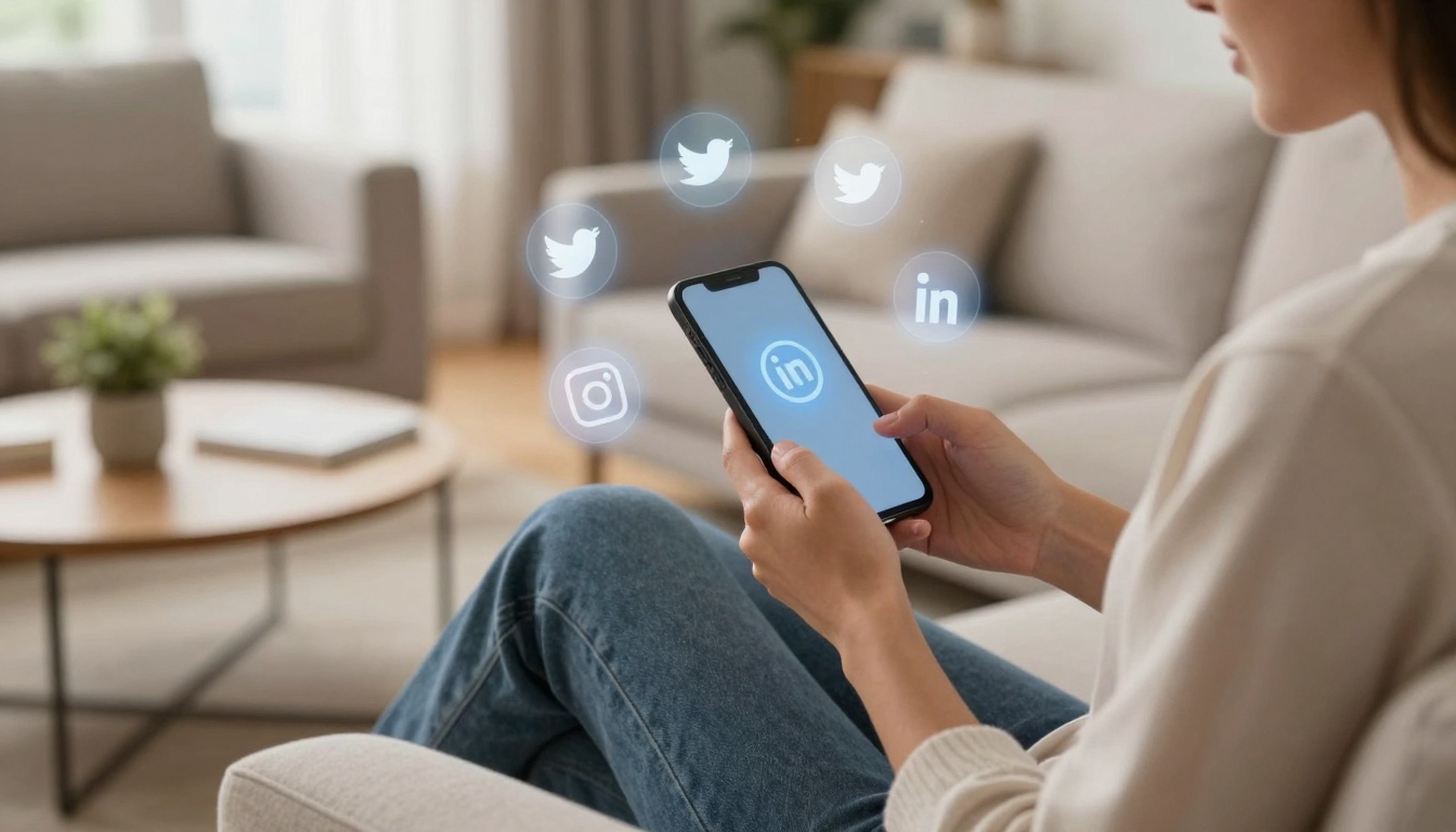 A person holds a smartphone displaying the LinkedIn logo, surrounded by floating social media icons for Twitter and Instagram. The setting is a cozy living room with a sofa and a plant.