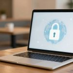A laptop on a wooden table displays a lock icon over a globe, symbolizing internet security. The background shows a blurred office setting.