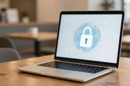 A laptop on a wooden table displays a lock icon over a globe, symbolizing internet security. The background shows a blurred office setting.