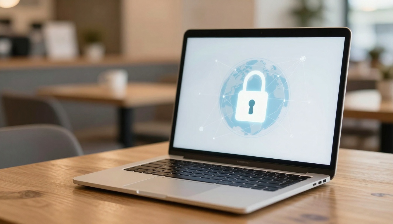A laptop on a wooden table displays a lock icon over a globe, symbolizing internet security. The background shows a blurred office setting.