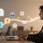 A person in a suit sits at a desk using a laptop. Floating icons, including a house, document, router, and calendar, appear around them.