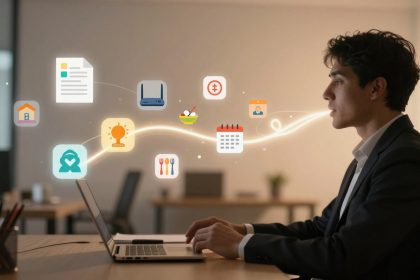 A person in a suit sits at a desk using a laptop. Floating icons, including a house, document, router, and calendar, appear around them.