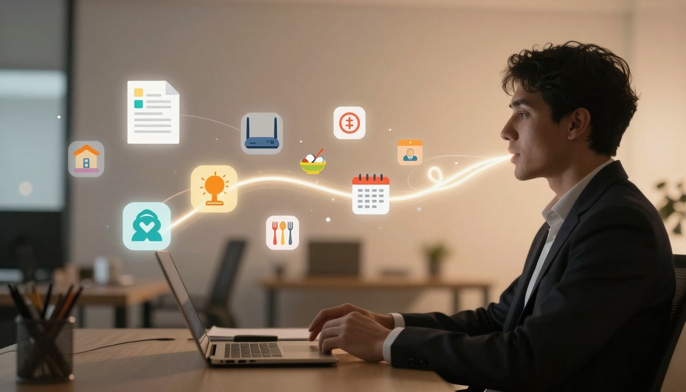 A person in a suit sits at a desk using a laptop. Floating icons, including a house, document, router, and calendar, appear around them.