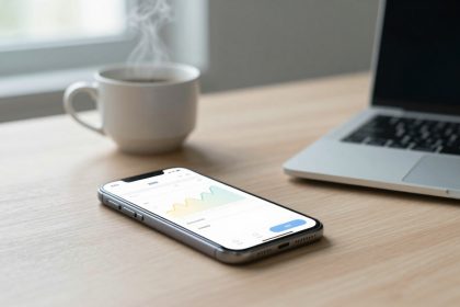 A smartphone displaying a graph is on a wooden table next to a steaming cup of coffee and an open laptop.
