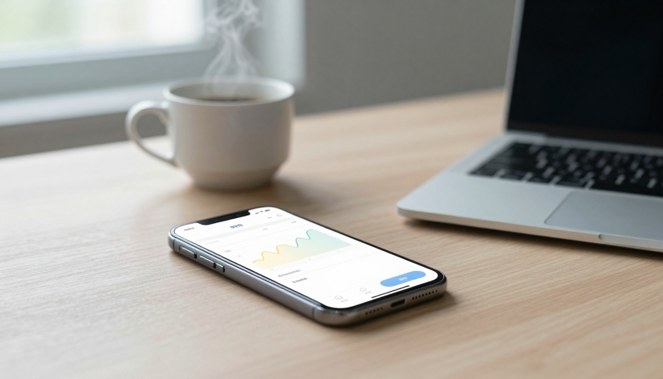 A smartphone displaying a graph is on a wooden table next to a steaming cup of coffee and an open laptop.